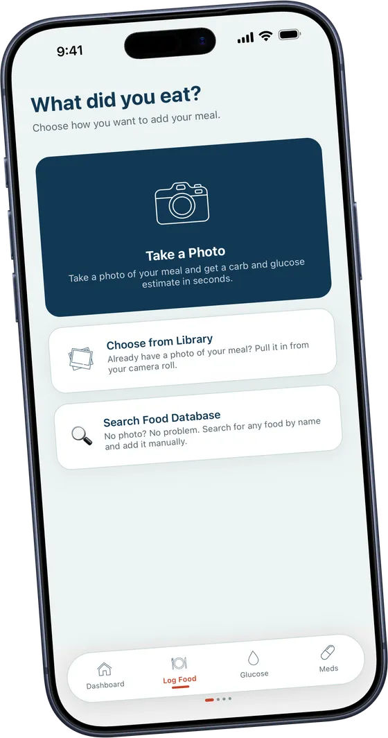 The GlucoSensei add-a-meal screen, offering Take a Photo, Choose from Library, or Search Food Database.